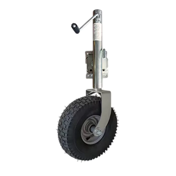 A jockey wheel is a small, swiveling wheel installed on the front of a trailer's drawbar.